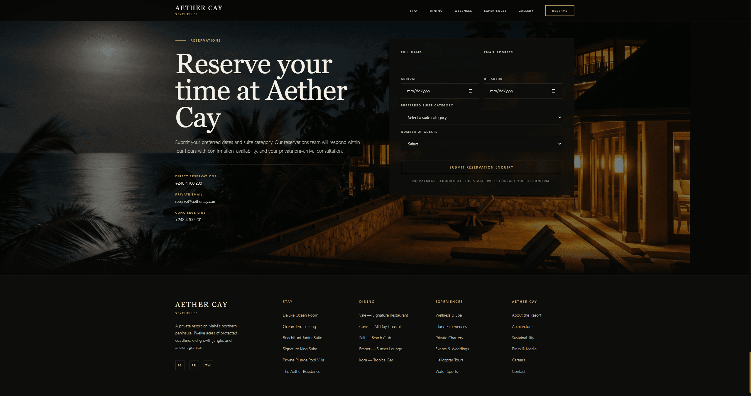 Aether Cay reservation flow