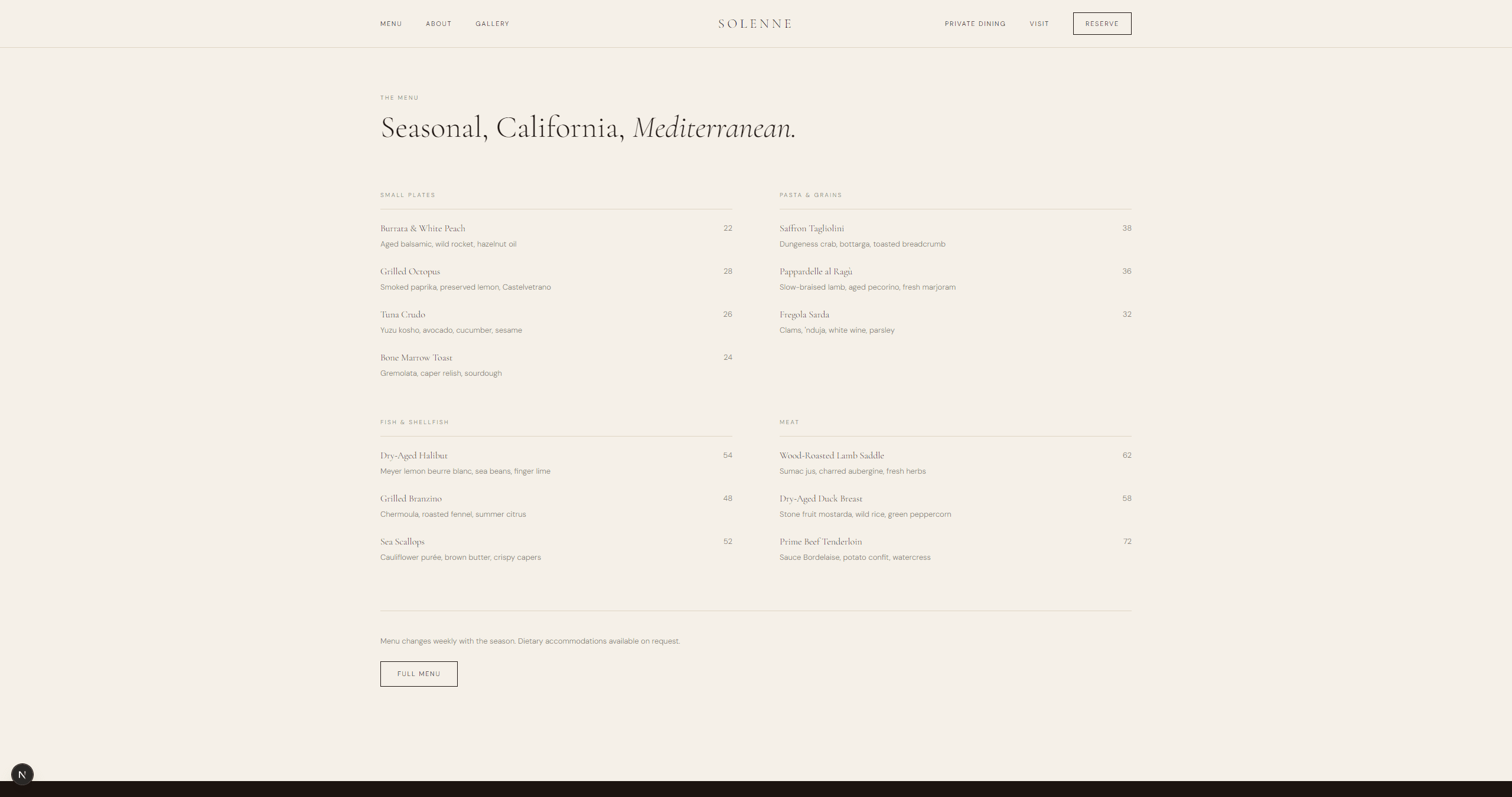 Solenne — menu