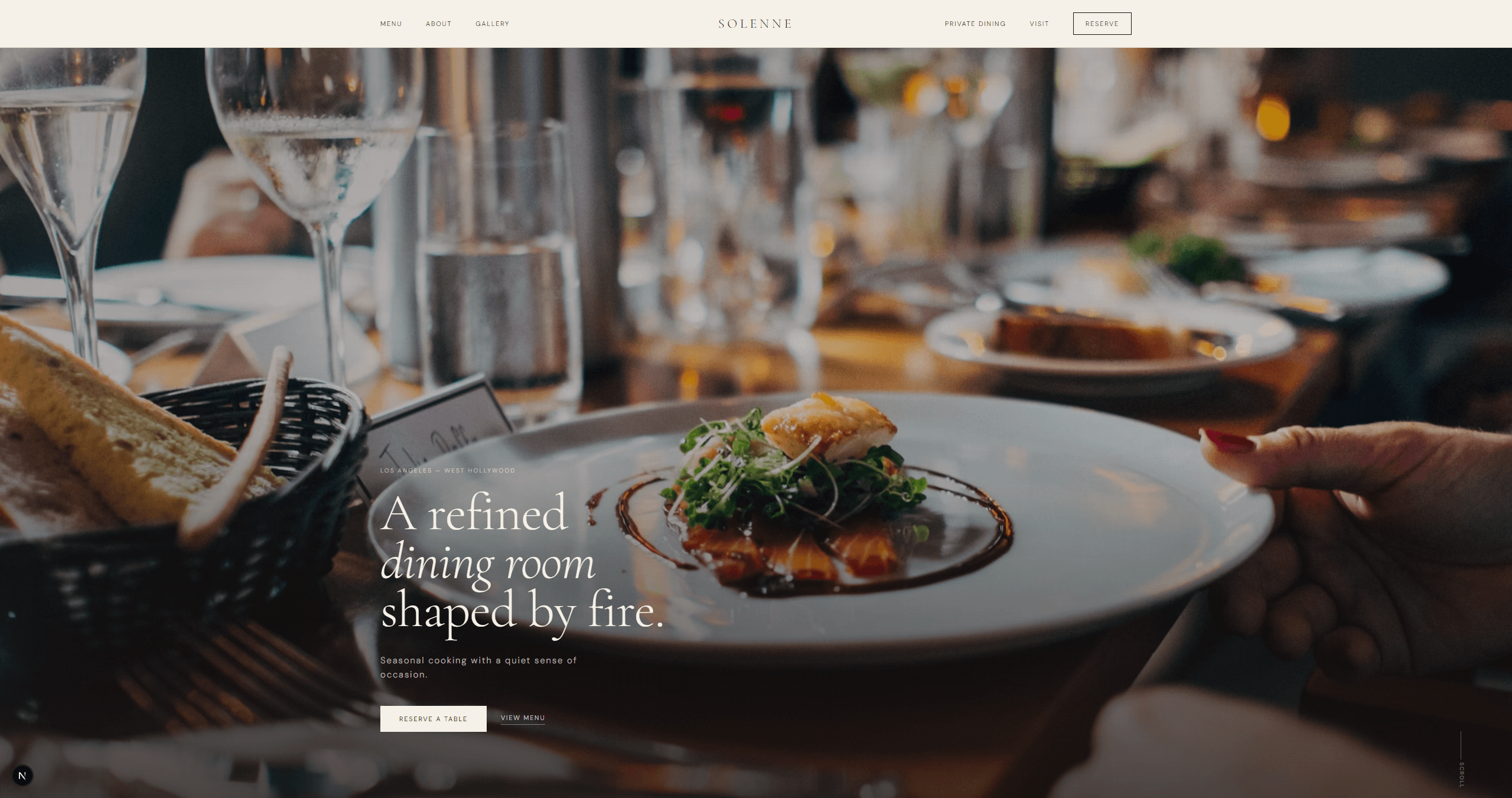 Solenne restaurant website hero section