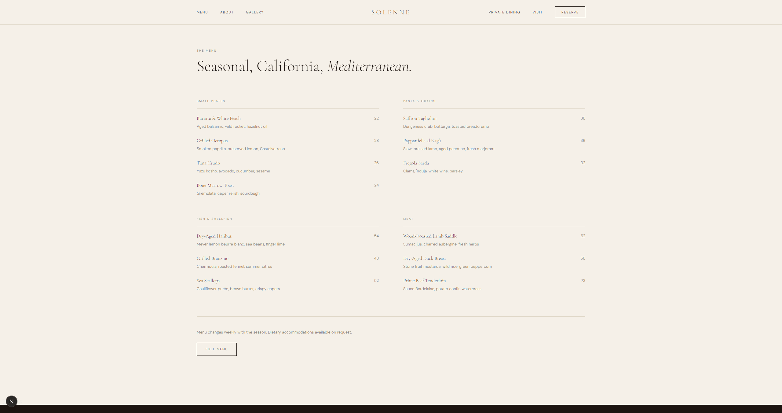 Solenne menu presented as editorial content